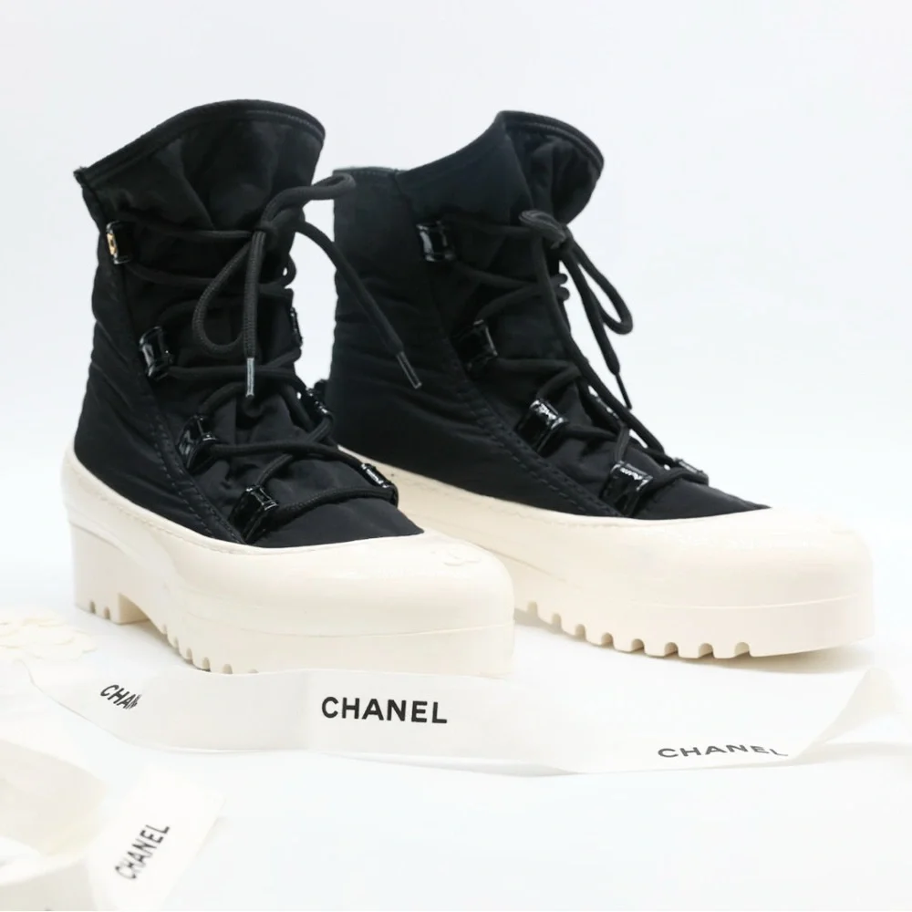 CHANEL Black Nylon Ankle Boots with White Rubber Sole size 38